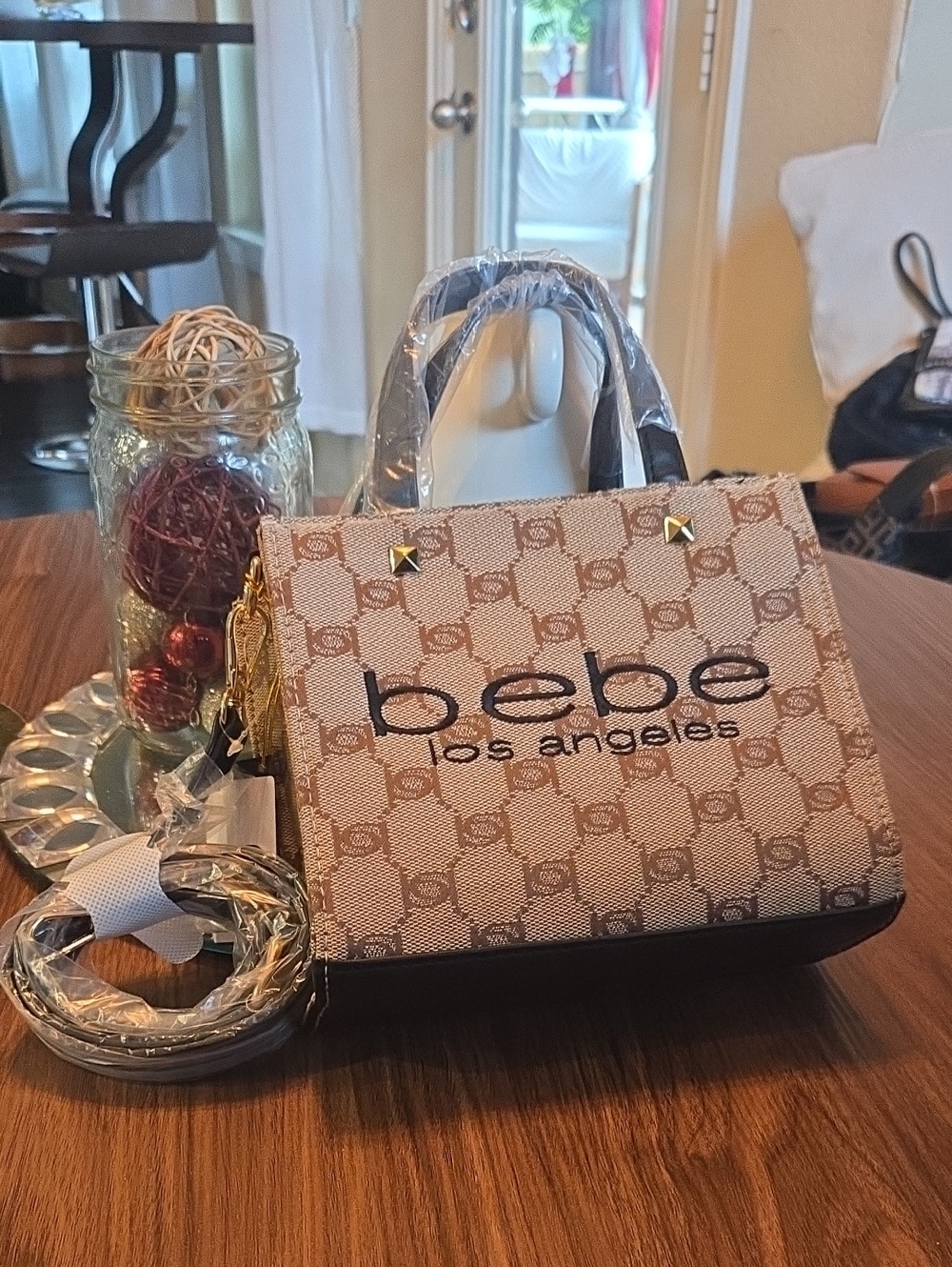 bebe Beige Logo Small Crossbody with Black Trim